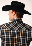 MENS LONG SLEEVE SNAP NAVY CREAM GOLD PLAID WESTERN SHIRT TALL FIT