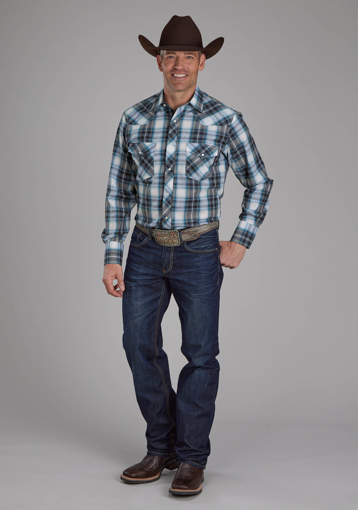 MENS NAVY, TEAL, AND WHITE PLAID LONG SLEEVE SNAP WESTERN SHIRT