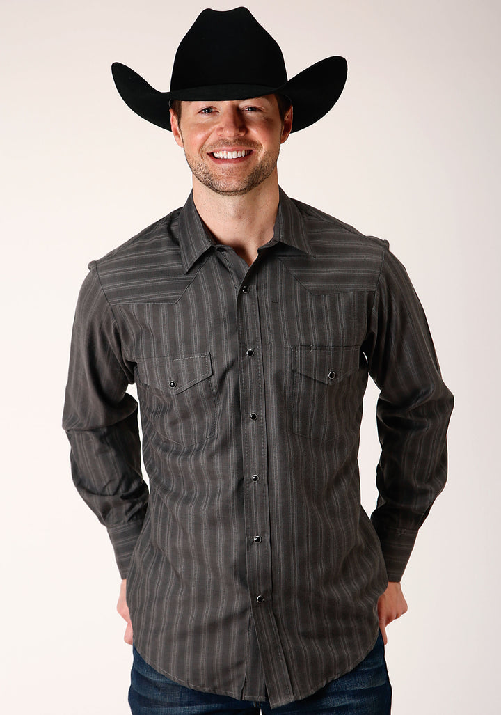 MENS LONG SLEEVE SNAP CHARCOAL DOBBY STRIPE WESTERN SHIRT TALL FIT