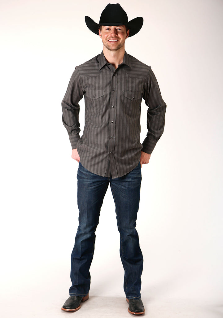 MENS LONG SLEEVE SNAP CHARCOAL DOBBY STRIPE WESTERN SHIRT TALL FIT