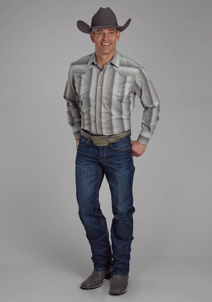 MENS MULTI GRAY STRIPE LONG SLEEVE SNAP WESTERN SHIRT