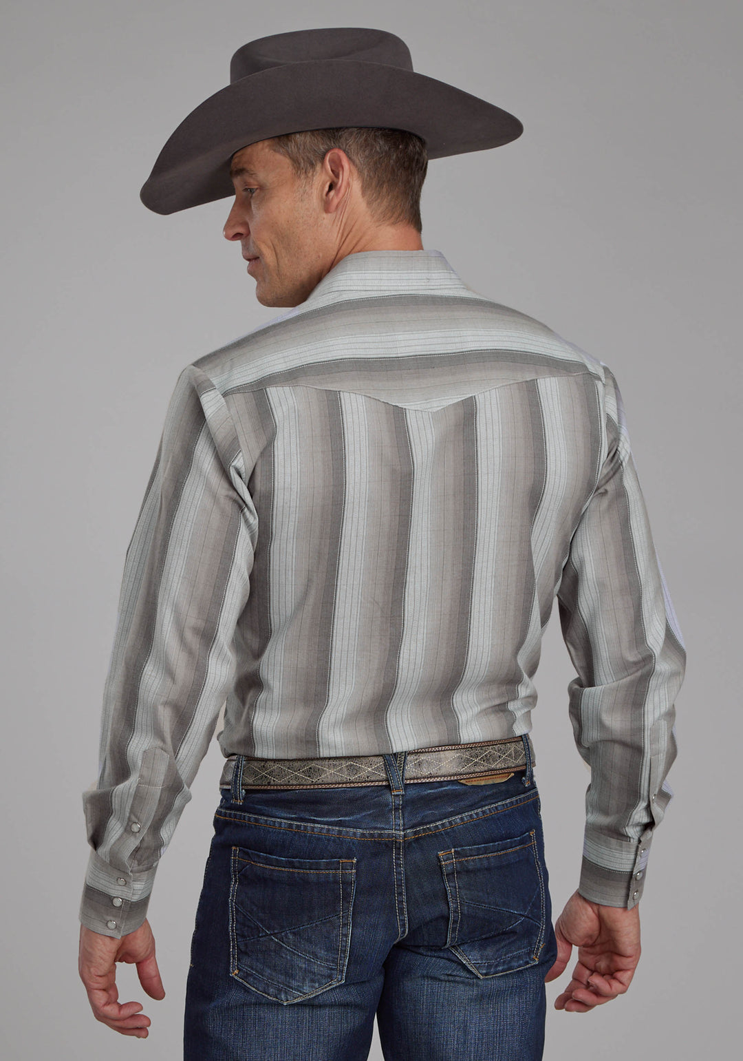MENS MULTI GRAY STRIPE LONG SLEEVE SNAP WESTERN SHIRT