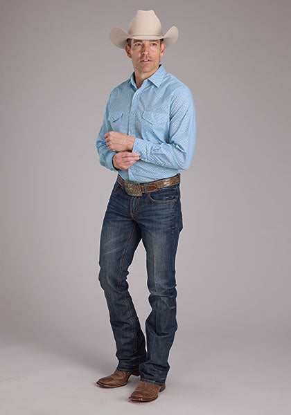 Mens Blue Mini Cross Print Long Sleeve Snap Western Shirt