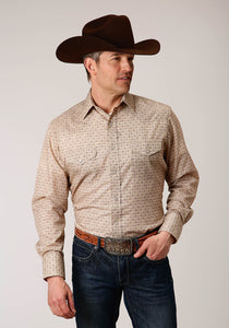 MENS LONG SLEEVE SNAP BEIGE AND RUST VINTAGE FLORAL PRINT WESTERN SHIRT TALL FIT