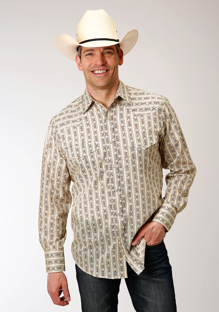 MENS LONG SLEEVE SNAP CREAM AND BROWN WALLPAPER STRIPE WESTERN SHIRT TALL FIT