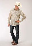 MENS LONG SLEEVE SNAP CREAM AND BROWN WALLPAPER STRIPE WESTERN SHIRT TALL FIT
