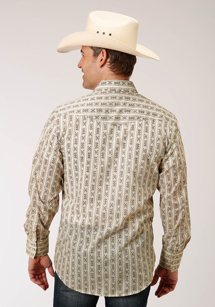 MENS LONG SLEEVE SNAP CREAM AND BROWN WALLPAPER STRIPE WESTERN SHIRT TALL FIT