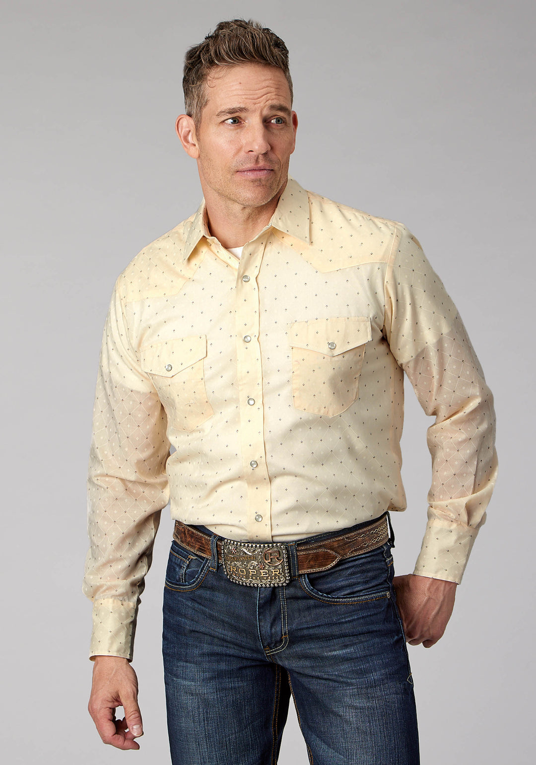 MENS CREAM WHITE DIAMOND WALLPAPER PRINT LONG SLEEVE SNAP WESTERN SHIRT