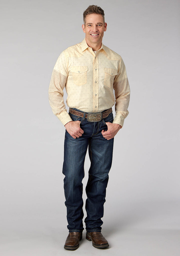 MENS CREAM WHITE DIAMOND WALLPAPER PRINT LONG SLEEVE SNAP WESTERN SHIRT