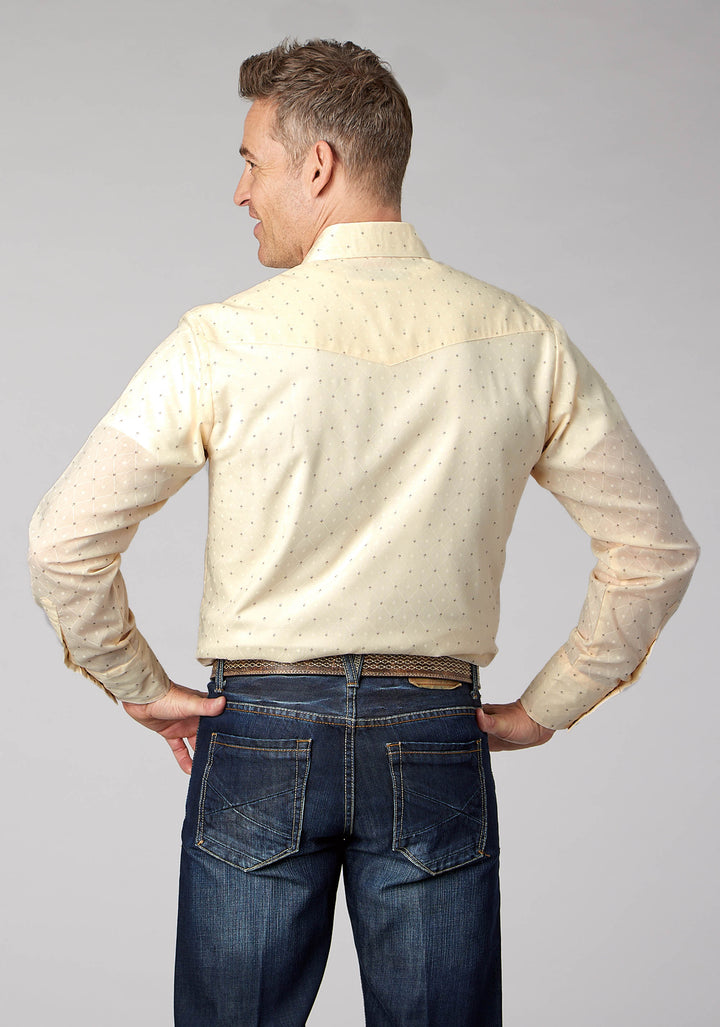 MENS CREAM WHITE DIAMOND WALLPAPER PRINT LONG SLEEVE SNAP WESTERN SHIRT