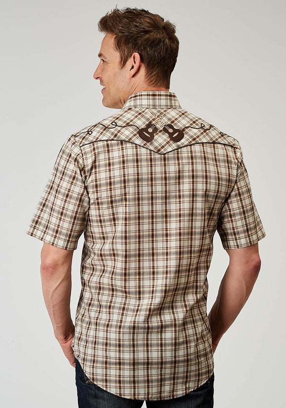 MENS SHORT SLEEVE SNAP DESERT PLAID WESTERN SHIRT WITH EMBROIDERY ON BACK YOKES SMILE POCKETS