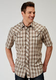 MENS SHORT SLEEVE SNAP DESERT PLAID WESTERN SHIRT WITH EMBROIDERY ON BACK YOKES SMILE POCKETS