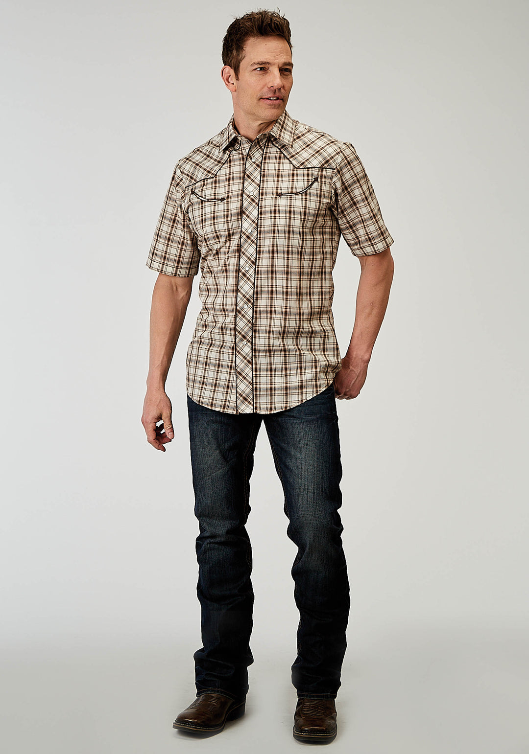 MENS SHORT SLEEVE SNAP DESERT PLAID WESTERN SHIRT WITH EMBROIDERY ON BACK YOKES SMILE POCKETS