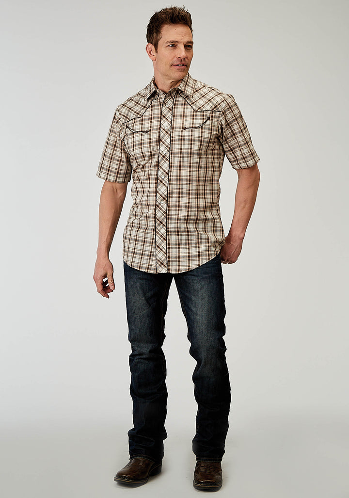 MENS SHORT SLEEVE SNAP DESERT PLAID WESTERN SHIRT WITH EMBROIDERY ON BACK YOKES SMILE POCKETS