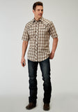 MENS SHORT SLEEVE SNAP DESERT PLAID WESTERN SHIRT WITH EMBROIDERY ON BACK YOKES SMILE POCKETS