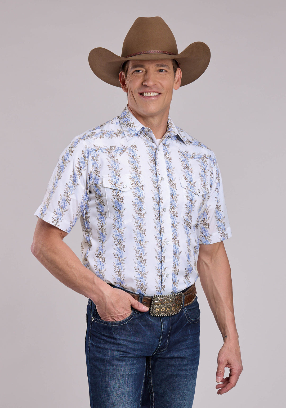 MENS ROPER FLORAL STRIPE SHORT SLEEVE SNAP SHIRT