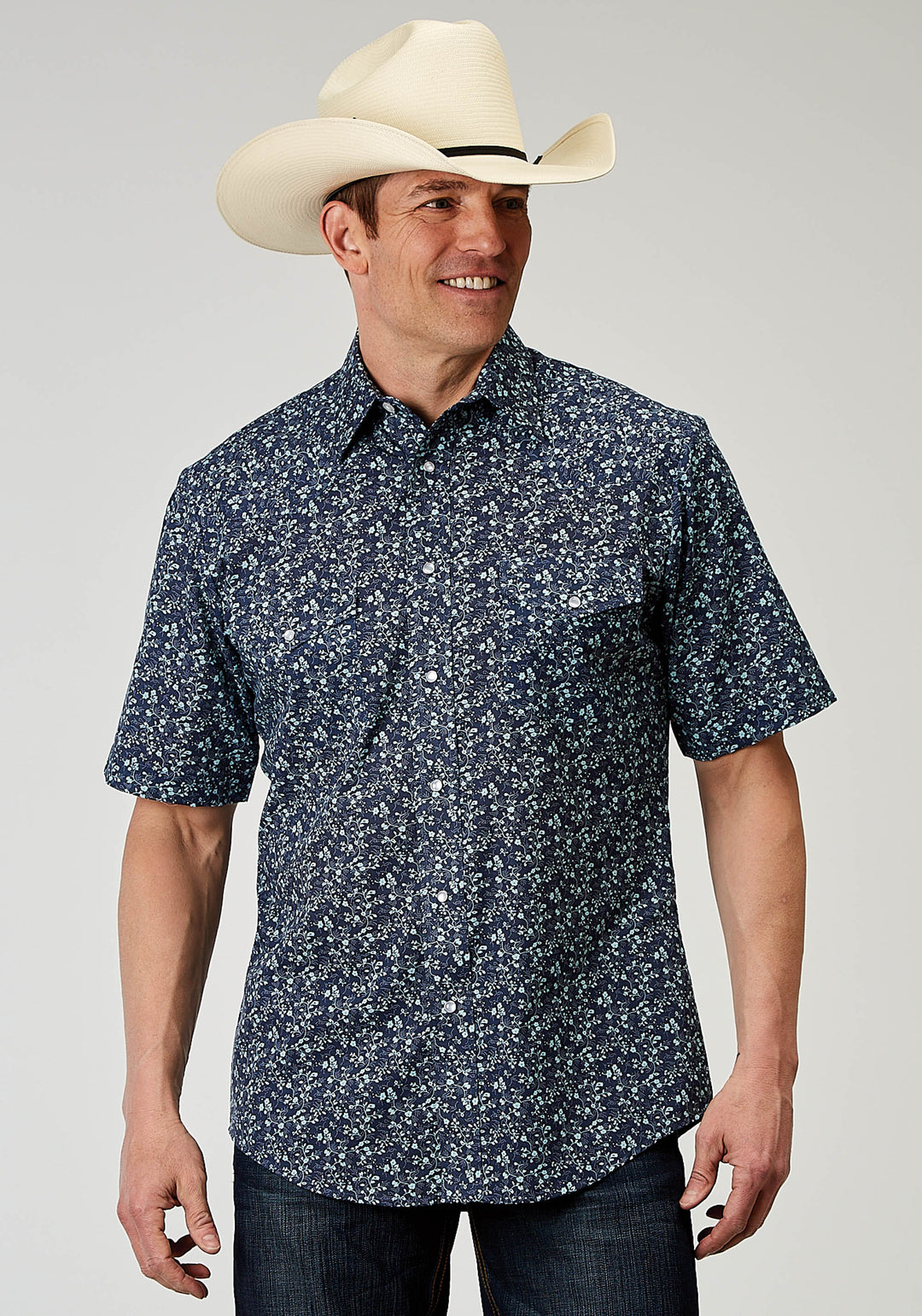 MENS SHORT SLEEVE SNAP DITSY FLORAL PRINT WESTERN SHIRT