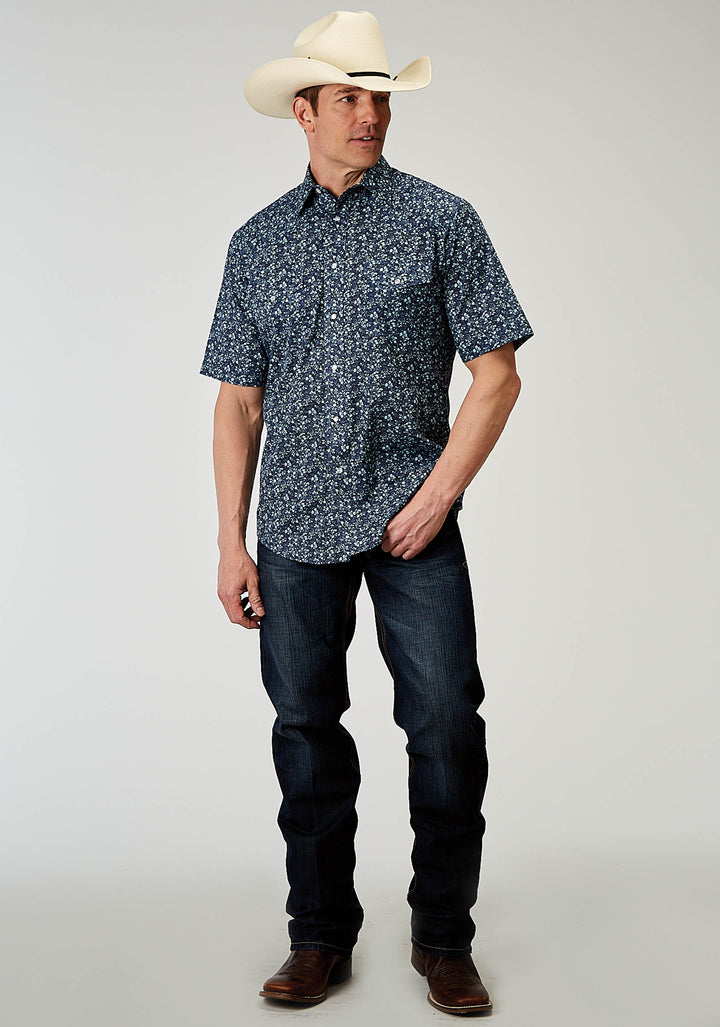 MENS SHORT SLEEVE SNAP DITSY FLORAL PRINT WESTERN SHIRT