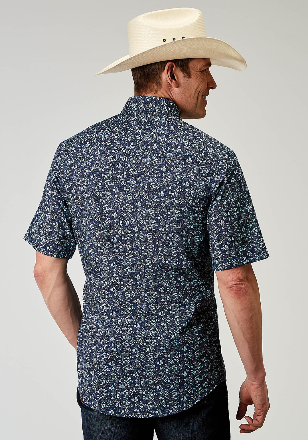 MENS SHORT SLEEVE SNAP DITSY FLORAL PRINT WESTERN SHIRT