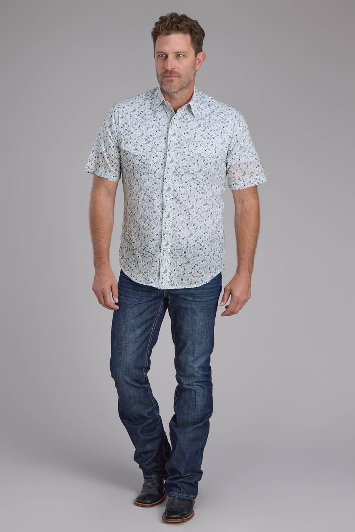 MENS WHITE AND BLACK PAISLEY PRINT SHORT SLEEVE SNAP WESTERN SHIRT