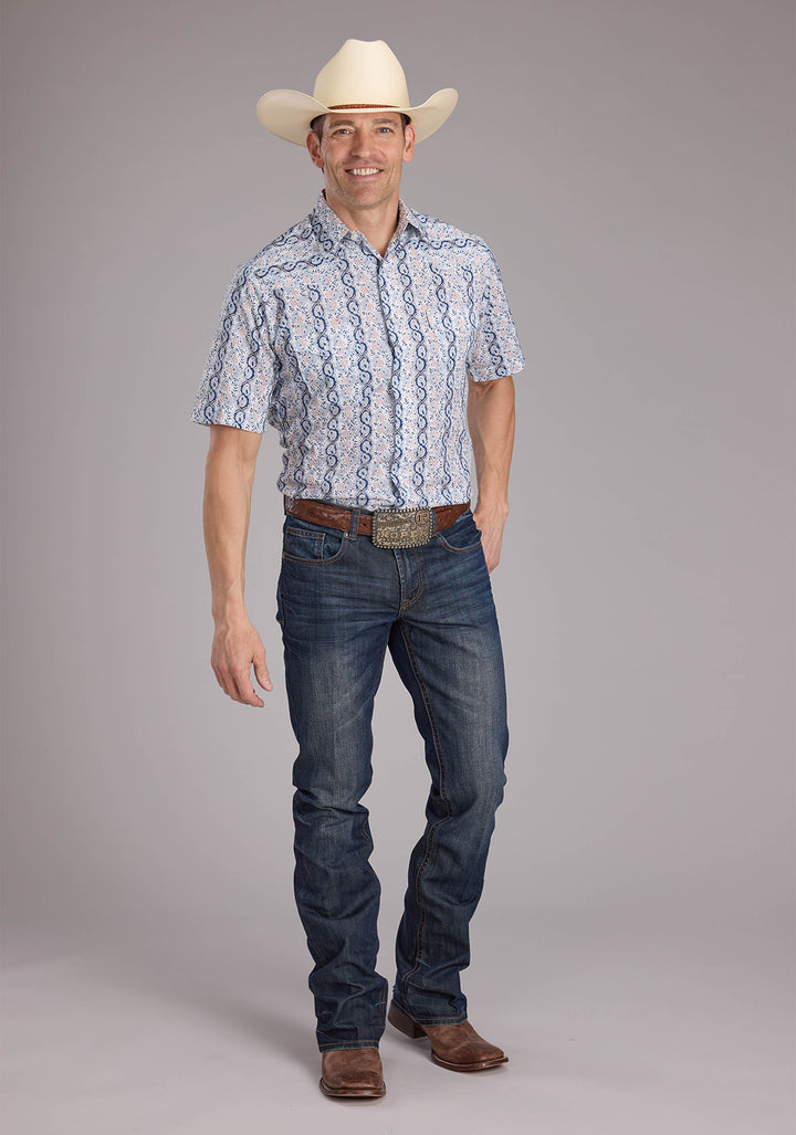 MENS PAISLEY TRELLIS PRINT SHORT SLEEVE SNAP WESTERN SHIRT