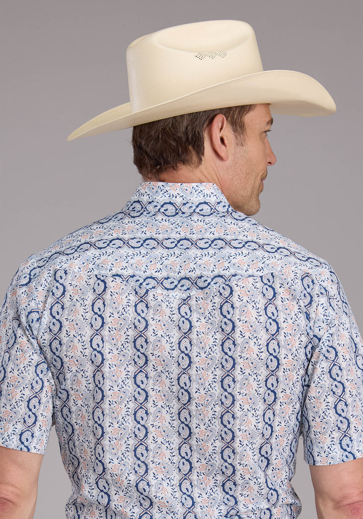 MENS PAISLEY TRELLIS PRINT SHORT SLEEVE SNAP WESTERN SHIRT