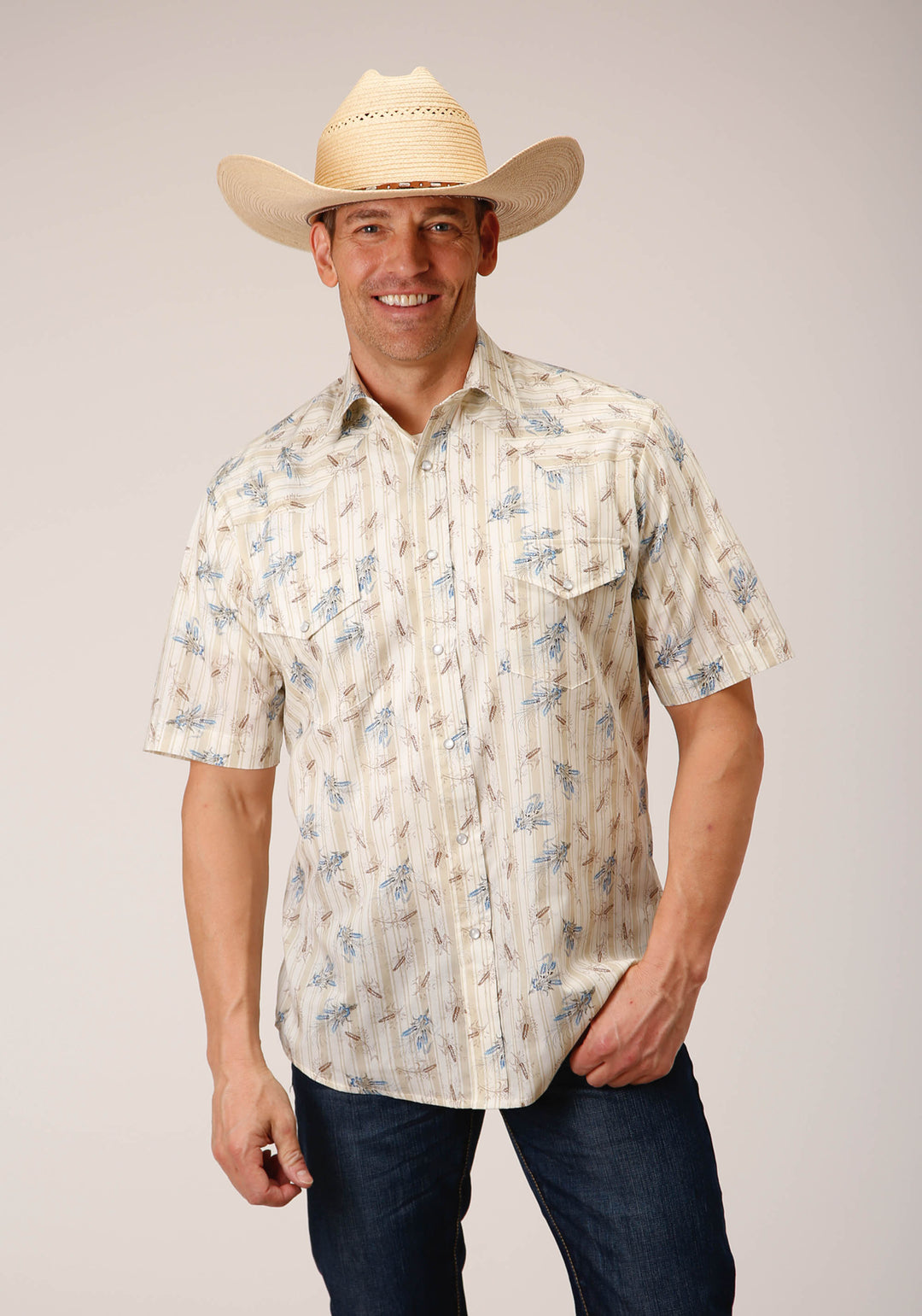 MENS SHORT SLEEVE SNAP VINTAGE WHEAT PRINT WESTERN SHIRT
