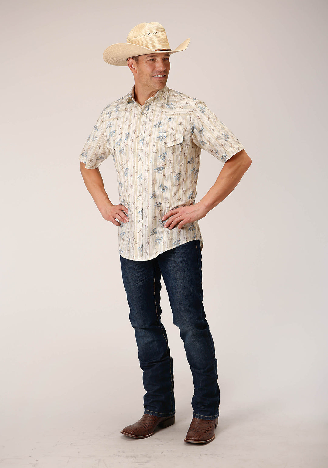 MENS SHORT SLEEVE SNAP VINTAGE WHEAT PRINT WESTERN SHIRT