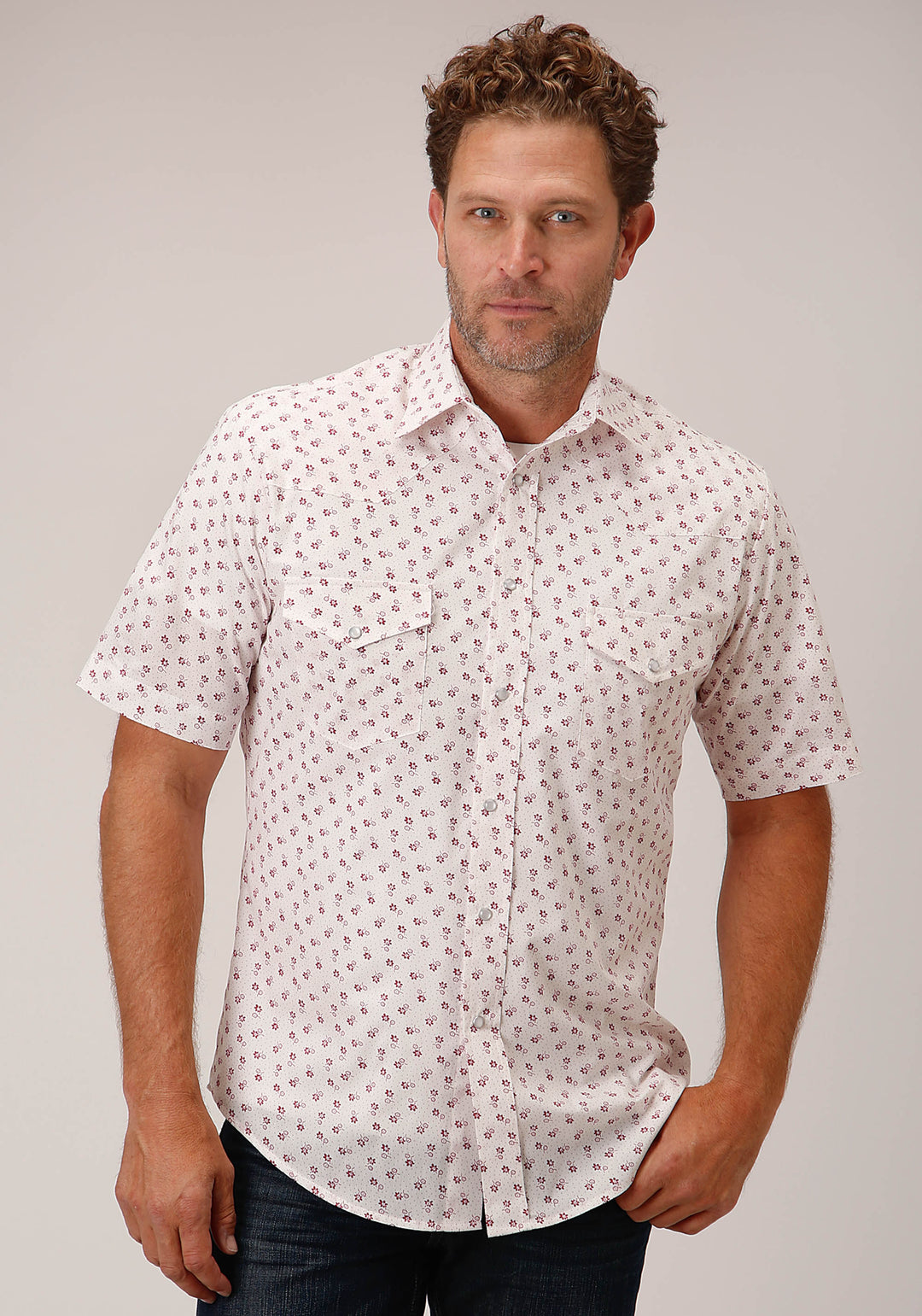 MENS SHORT SLEEVE SNAP WHITE AND RED FLORAL PRINT WESTERN SHIRT