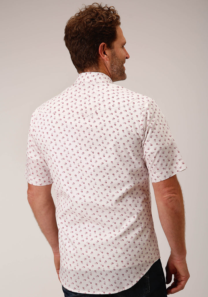 MENS SHORT SLEEVE SNAP WHITE AND RED FLORAL PRINT WESTERN SHIRT