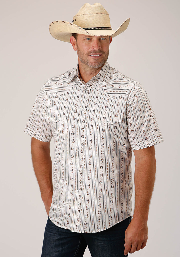MENS SHORT SLEEVE SNAP BROWN AND BLUE WALLPAPER STRIPE WESTERN SHIRT
