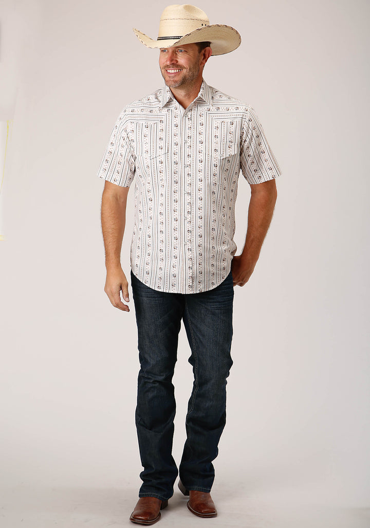 MENS SHORT SLEEVE SNAP BROWN AND BLUE WALLPAPER STRIPE WESTERN SHIRT