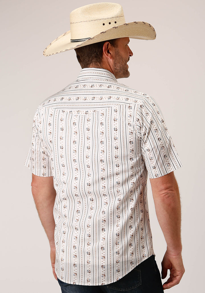MENS SHORT SLEEVE SNAP BROWN AND BLUE WALLPAPER STRIPE WESTERN SHIRT