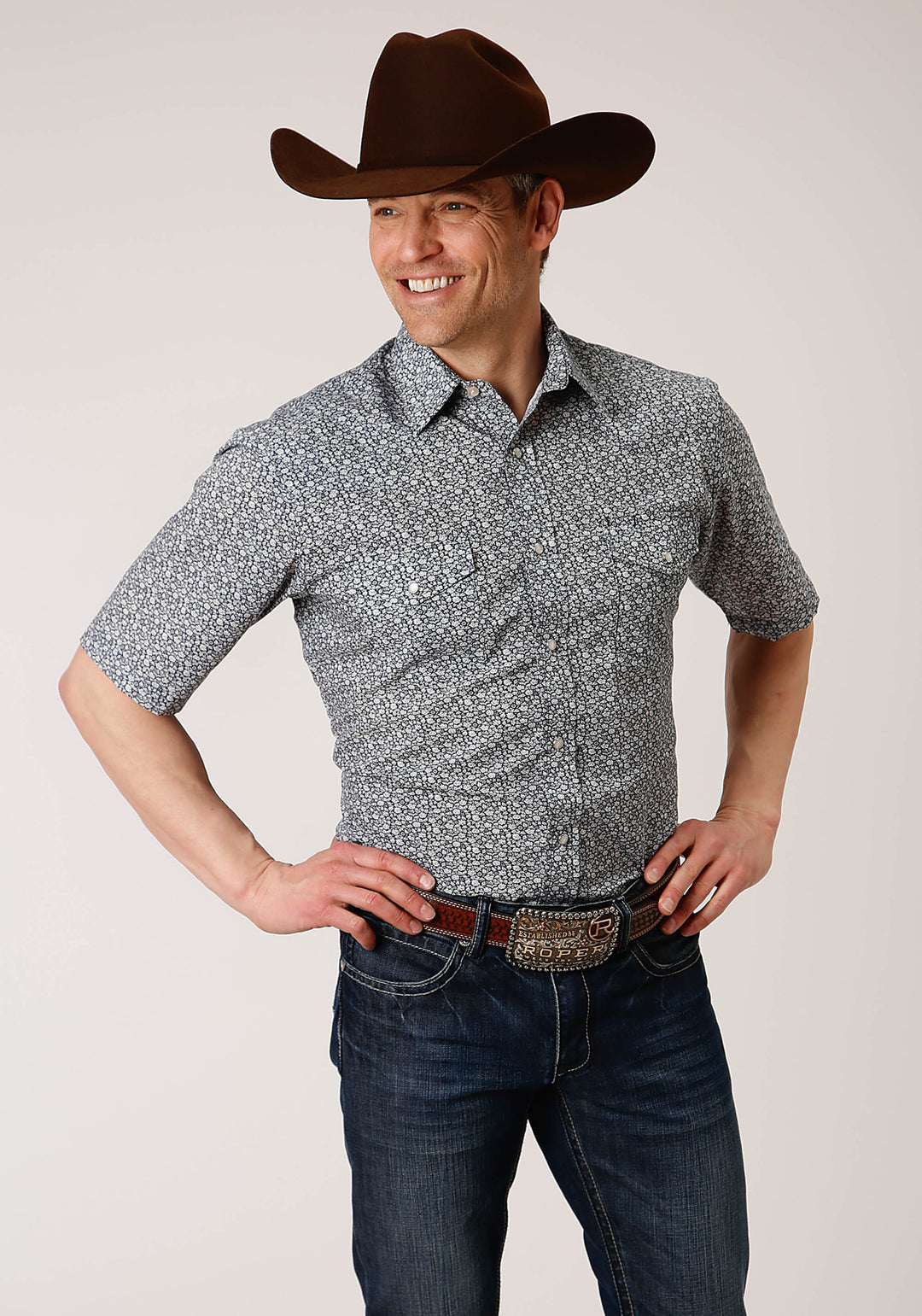 MENS SHORT SLEEVE SNAP NAVY AND CREAM FLORAL PRINT WESTERN SHIRT