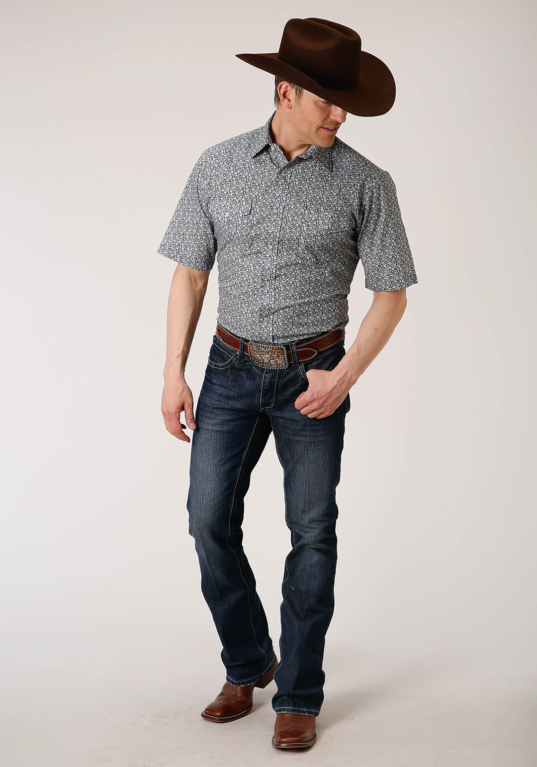 MENS SHORT SLEEVE SNAP NAVY AND CREAM FLORAL PRINT WESTERN SHIRT