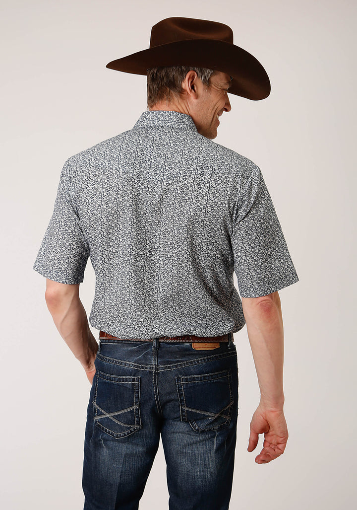 MENS SHORT SLEEVE SNAP NAVY AND CREAM FLORAL PRINT WESTERN SHIRT