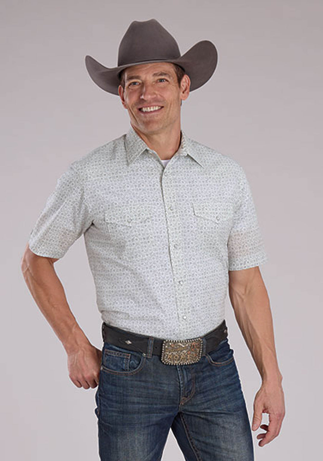 MENS GRAY WHITE FLORAL PRINT SHORT SLEEVE SNAP WESTERN SHIRT