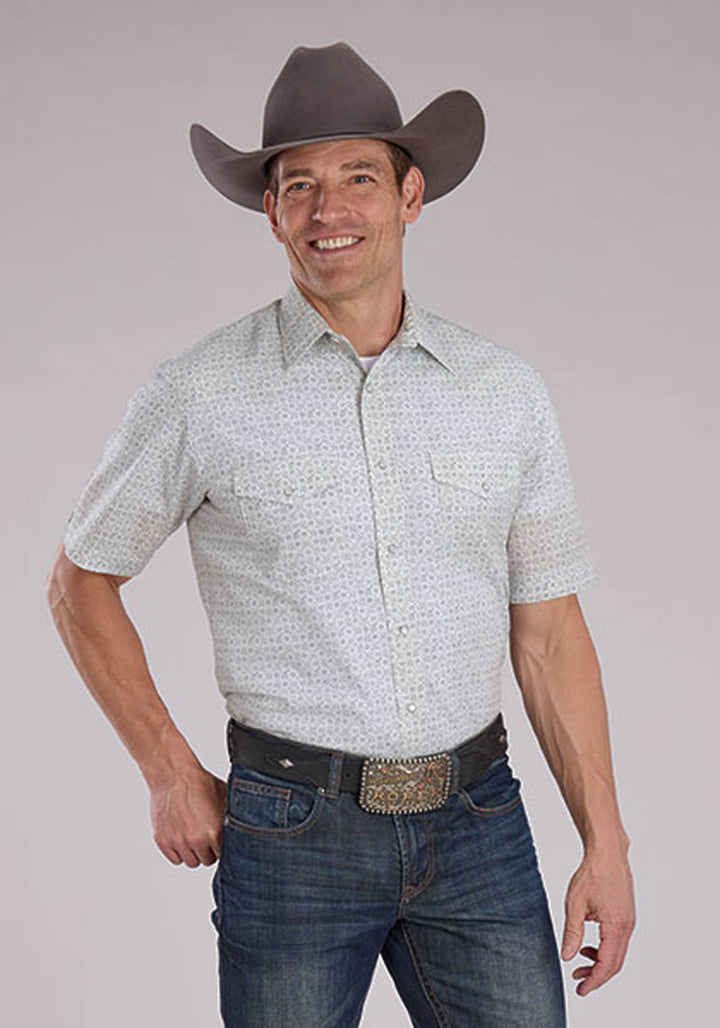 MENS GRAY WHITE FLORAL PRINT SHORT SLEEVE SNAP WESTERN SHIRT