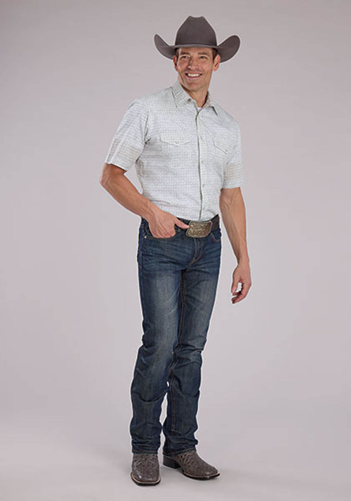 MENS GRAY WHITE FLORAL PRINT SHORT SLEEVE SNAP WESTERN SHIRT