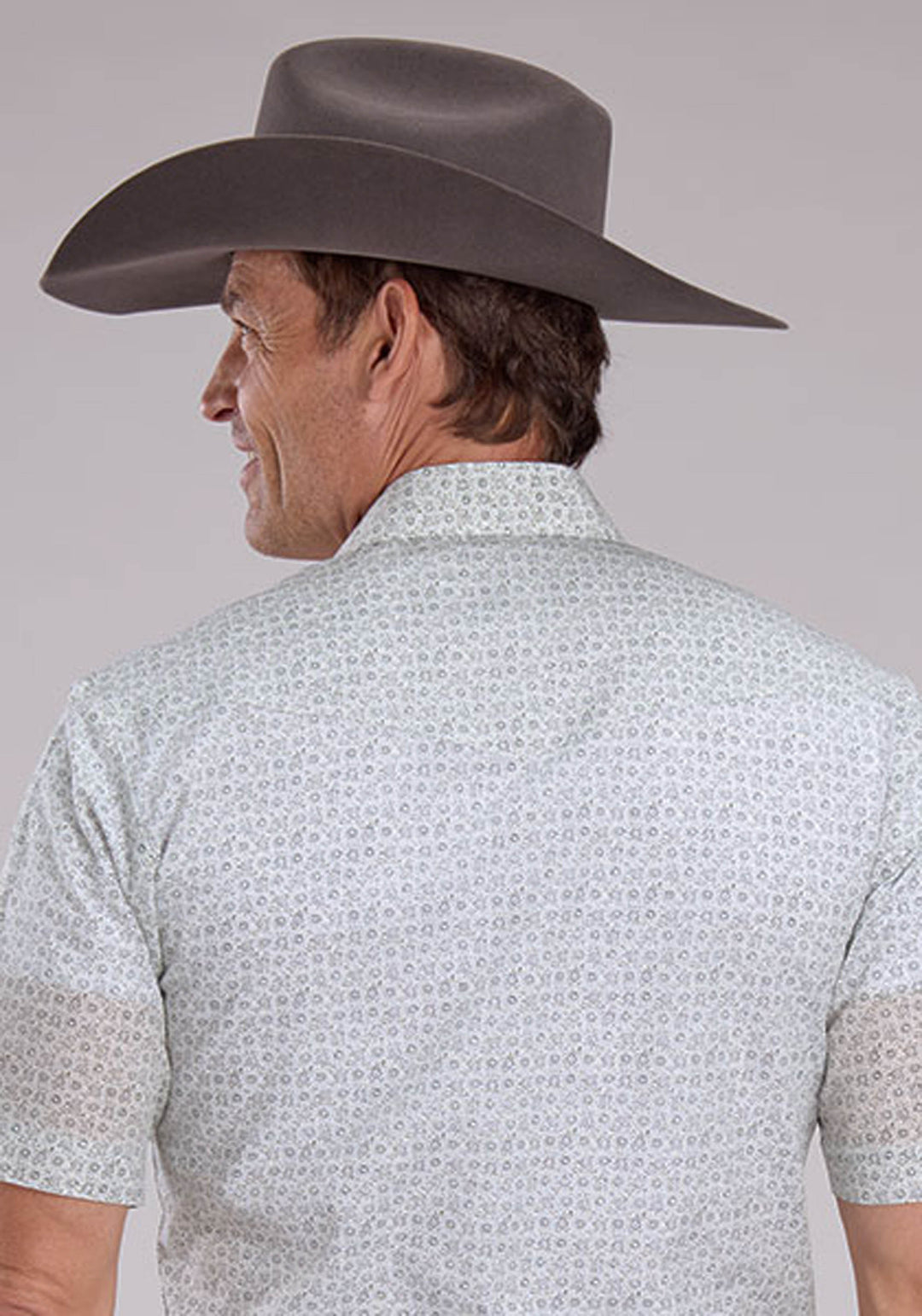 MENS GRAY WHITE FLORAL PRINT SHORT SLEEVE SNAP WESTERN SHIRT