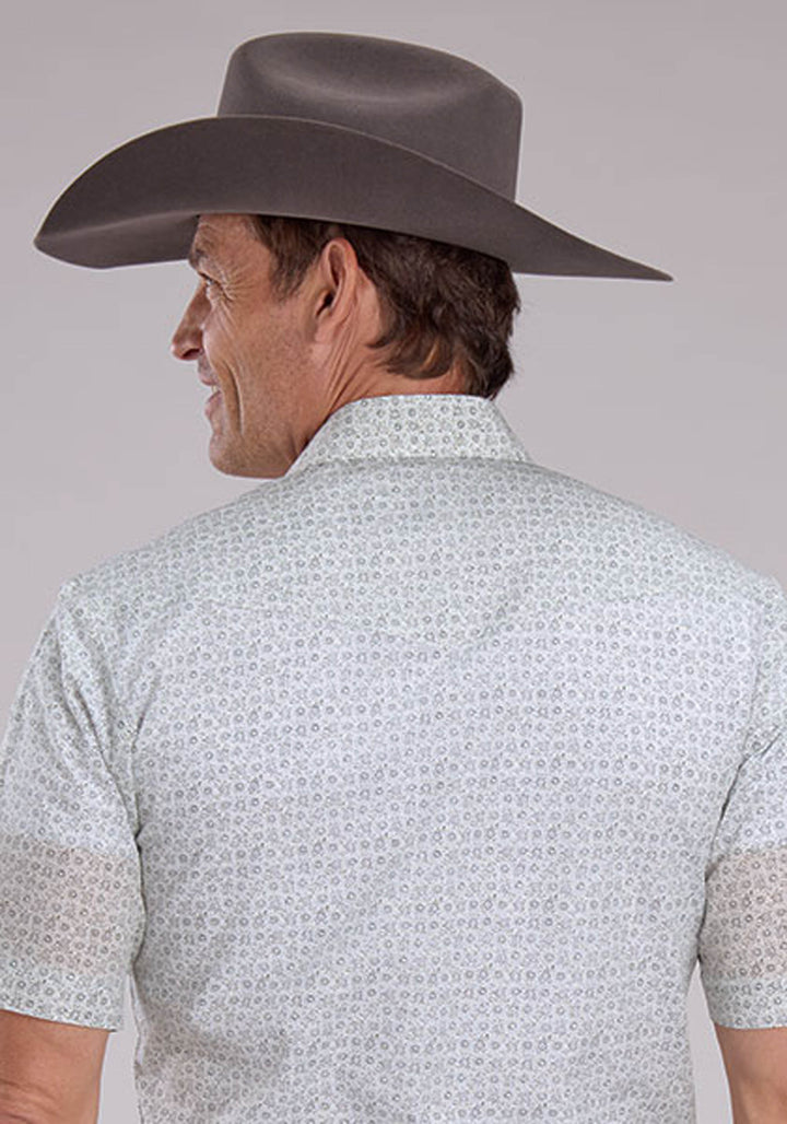 MENS GRAY WHITE FLORAL PRINT SHORT SLEEVE SNAP WESTERN SHIRT
