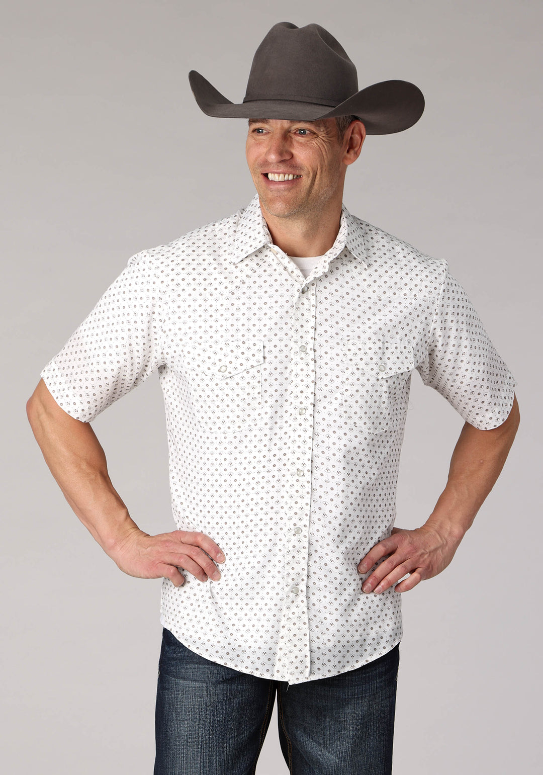 MENS CREAM TAUPE MINI FLORAL PRINT SHORT SLEEVE SNAP WESTERN SHIRT