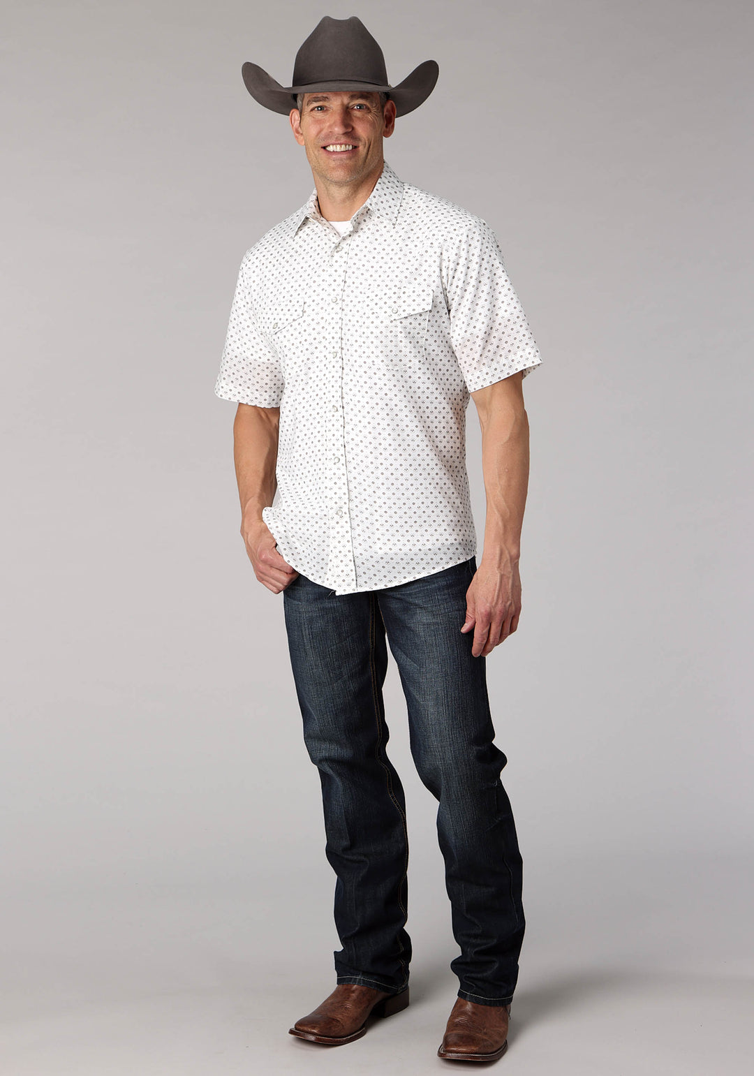 MENS CREAM TAUPE MINI FLORAL PRINT SHORT SLEEVE SNAP WESTERN SHIRT