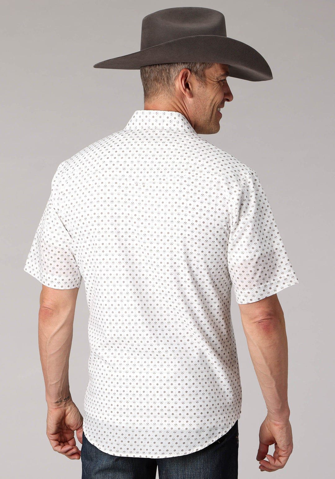 MENS CREAM TAUPE MINI FLORAL PRINT SHORT SLEEVE SNAP WESTERN SHIRT