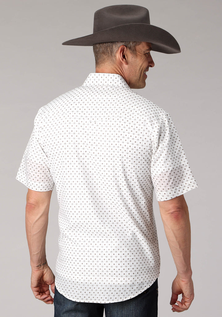 MENS CREAM TAUPE MINI FLORAL PRINT SHORT SLEEVE SNAP WESTERN SHIRT