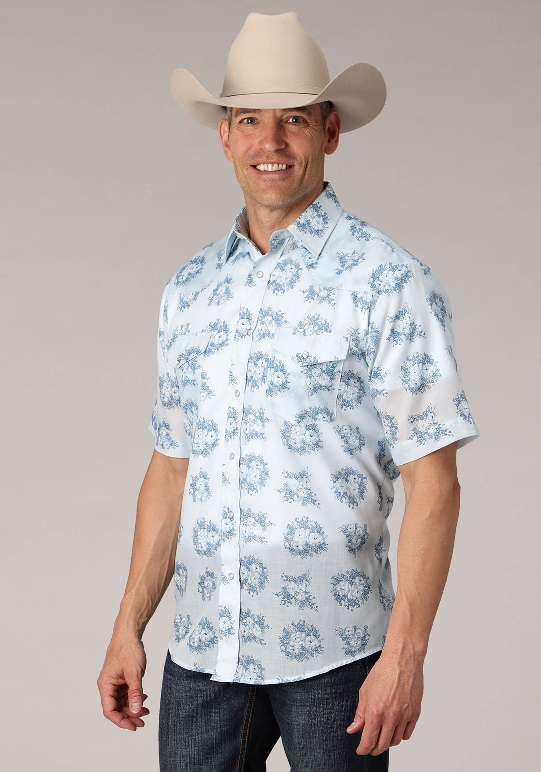 MENS MULTI BLUE FLORAL PRINT SHORT SLEEVE SNAP WESTERN SHIRT
