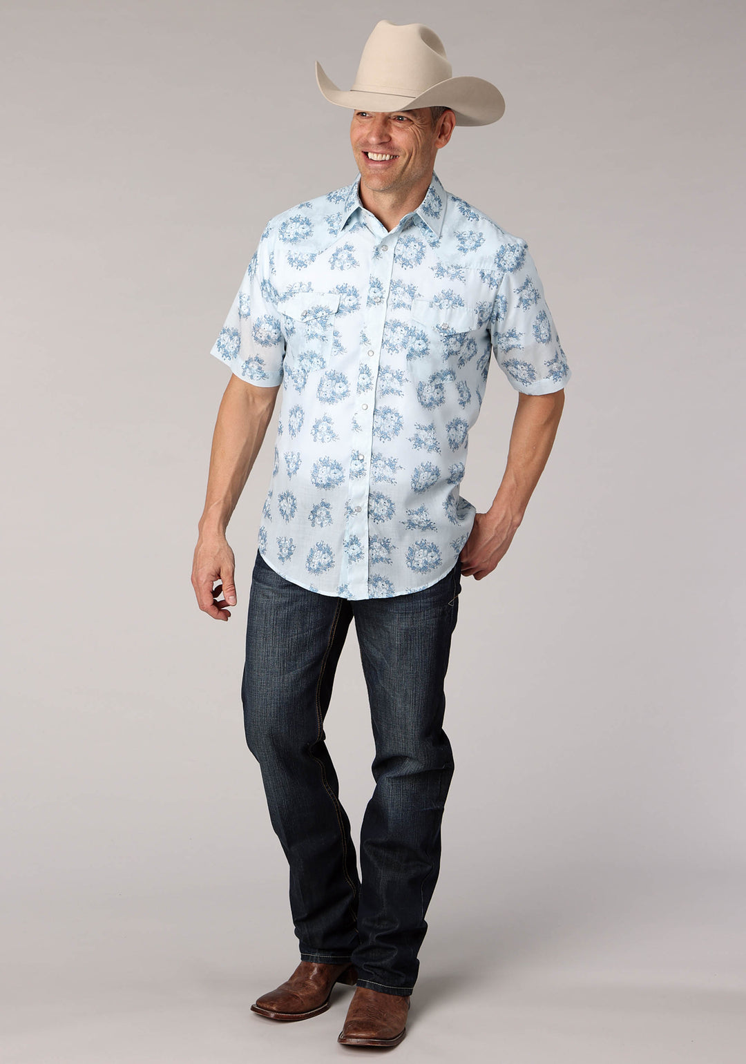 MENS MULTI BLUE FLORAL PRINT SHORT SLEEVE SNAP WESTERN SHIRT