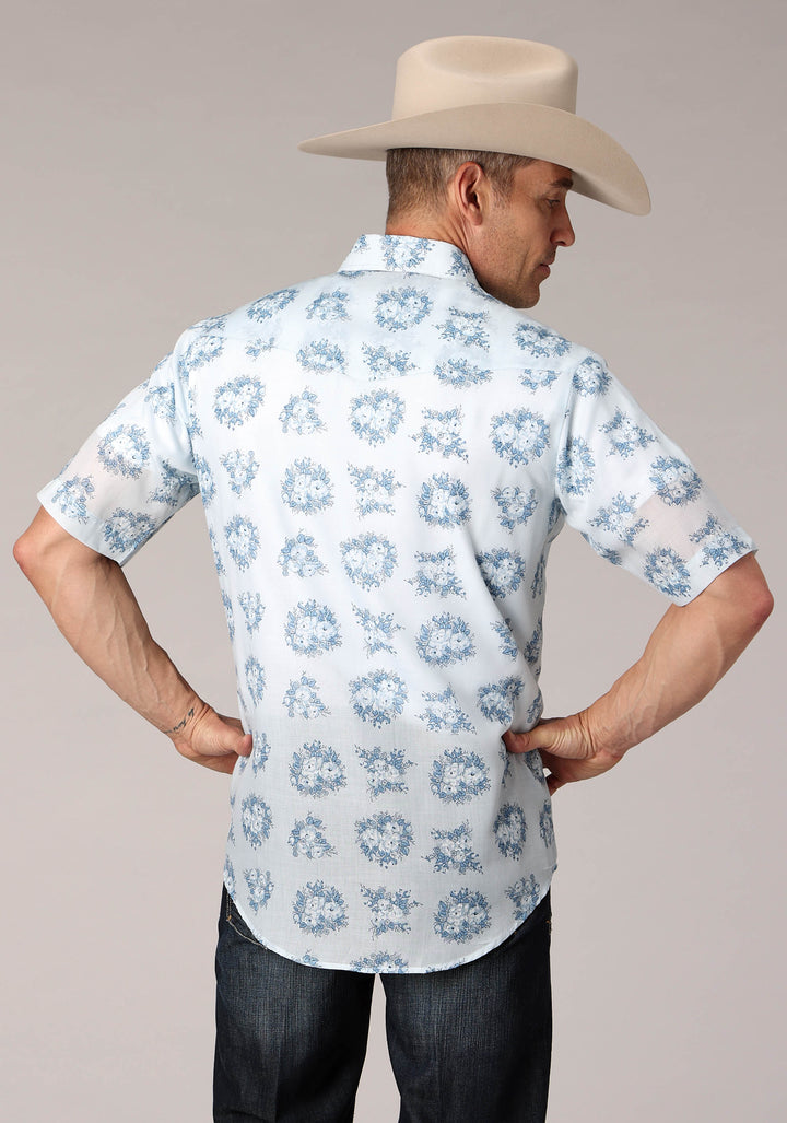 MENS MULTI BLUE FLORAL PRINT SHORT SLEEVE SNAP WESTERN SHIRT