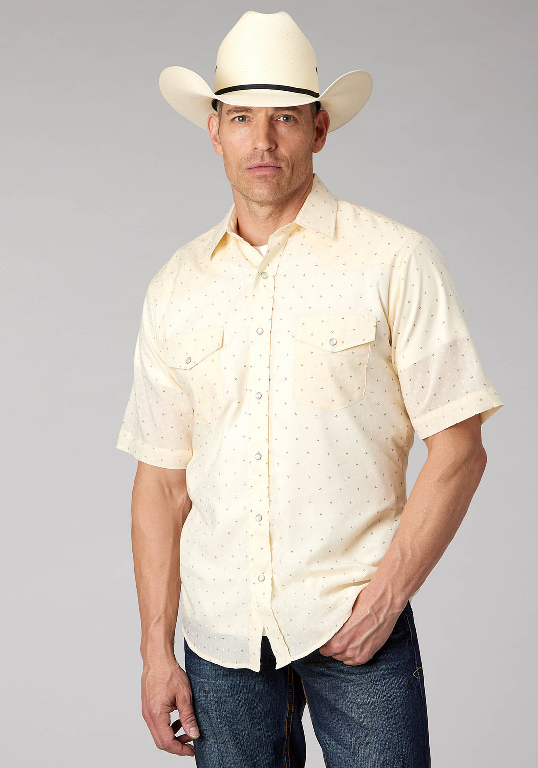 MENS CREAM WHITE DIAMOND WALLPAPER PRINT SHORT SLEEVE SNAP WESTERN SHIRT