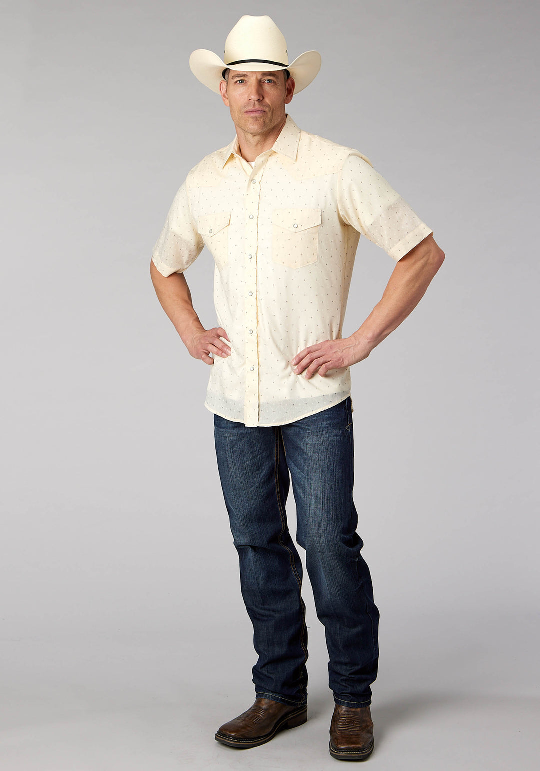 MENS CREAM WHITE DIAMOND WALLPAPER PRINT SHORT SLEEVE SNAP WESTERN SHIRT